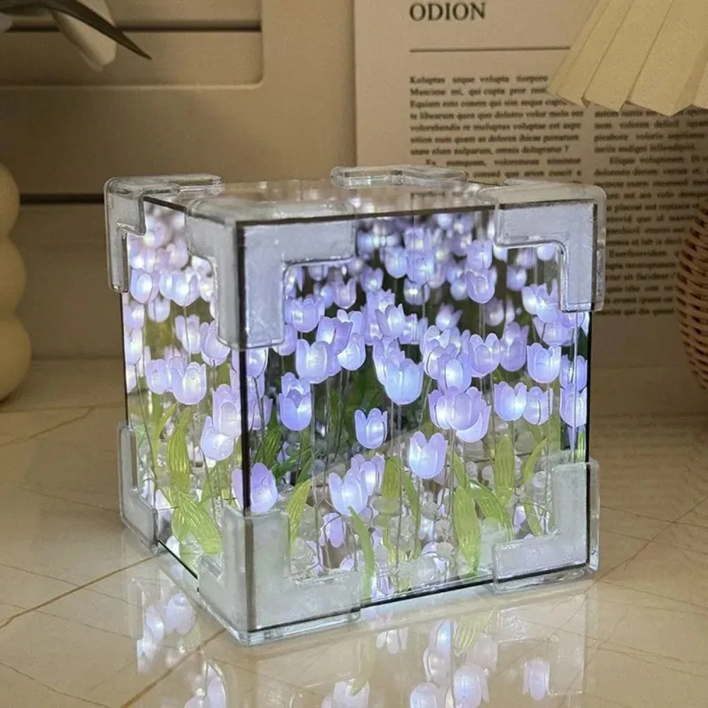 Lampe de table de couchage de chambre à coucher de fleur de simulation de cube de miroir de tulipe, artisanat fait à la main, veilleuse de bricolage, cadeau d'anniversaire