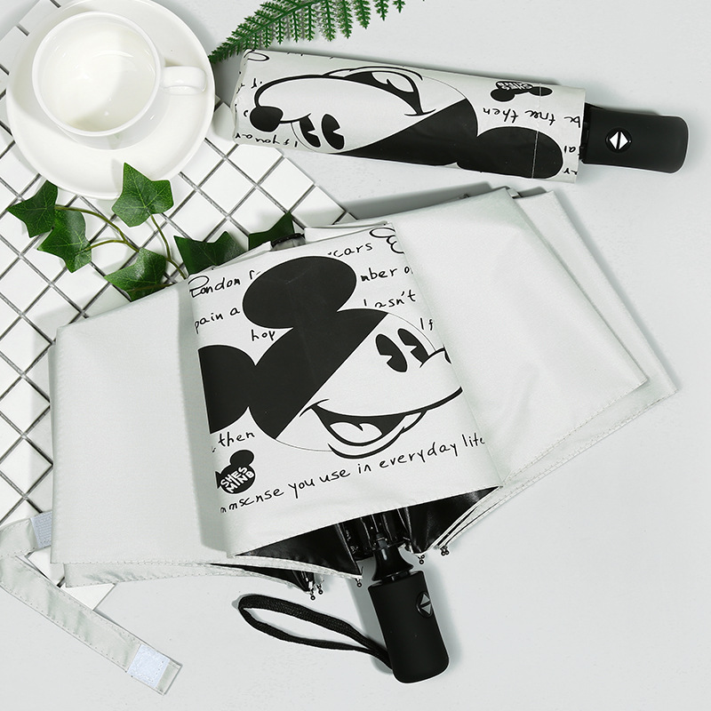 Disney Mickey อะนิเมะร่มอัตโนมัติผู้ชายผู้หญิงกลางแจ้งแบบพกพาร่มฝนป้องกันแสงแดดวัยรุ่นเคลือบ Parasol