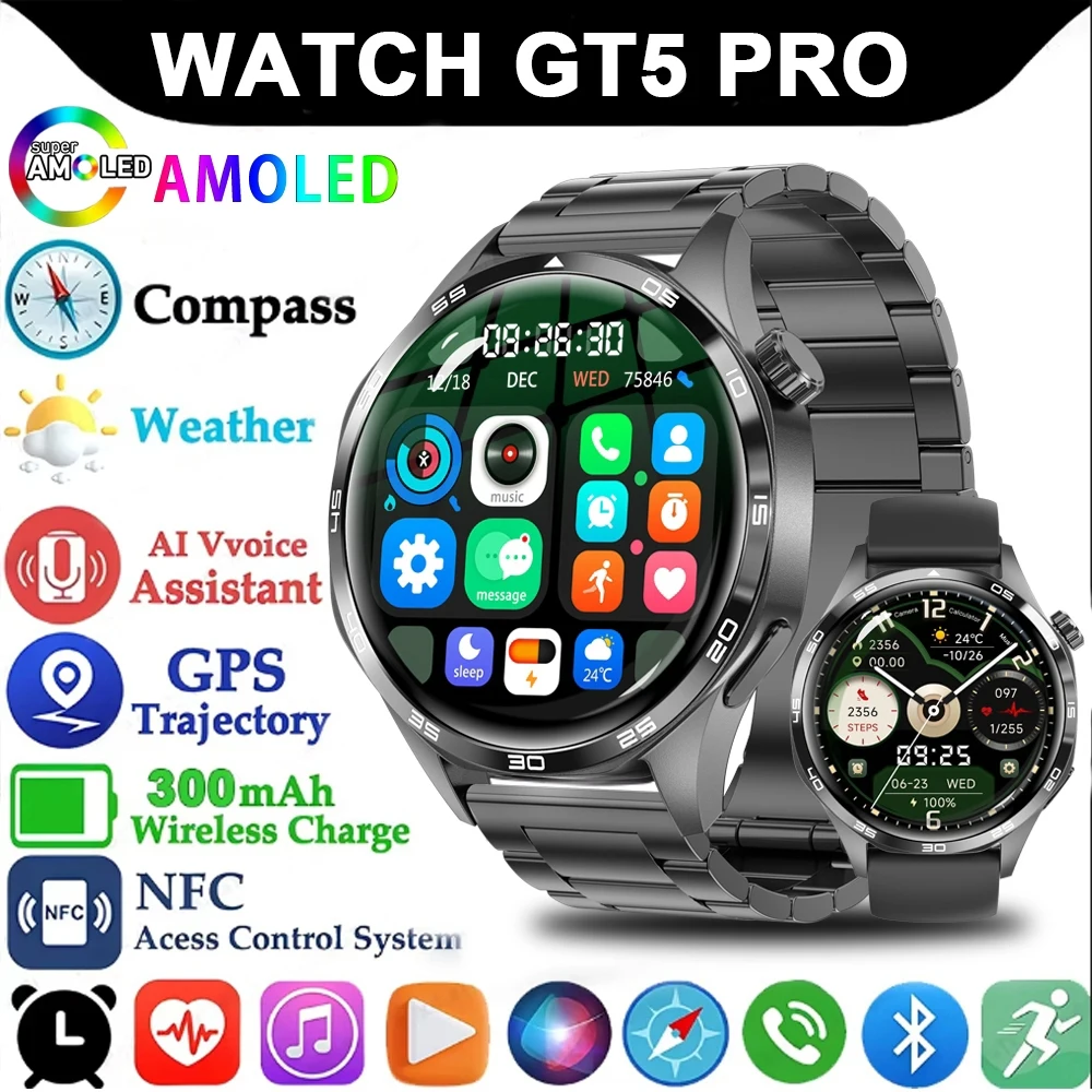 Nowy smartwatch GT5 Pro z GPS, ekran AMOLED 360*360, NFC, połączenia BT, wodoodporny, monitor zdrowia, dla mężczyzn, kompatybilny z iOS, rok 2025.