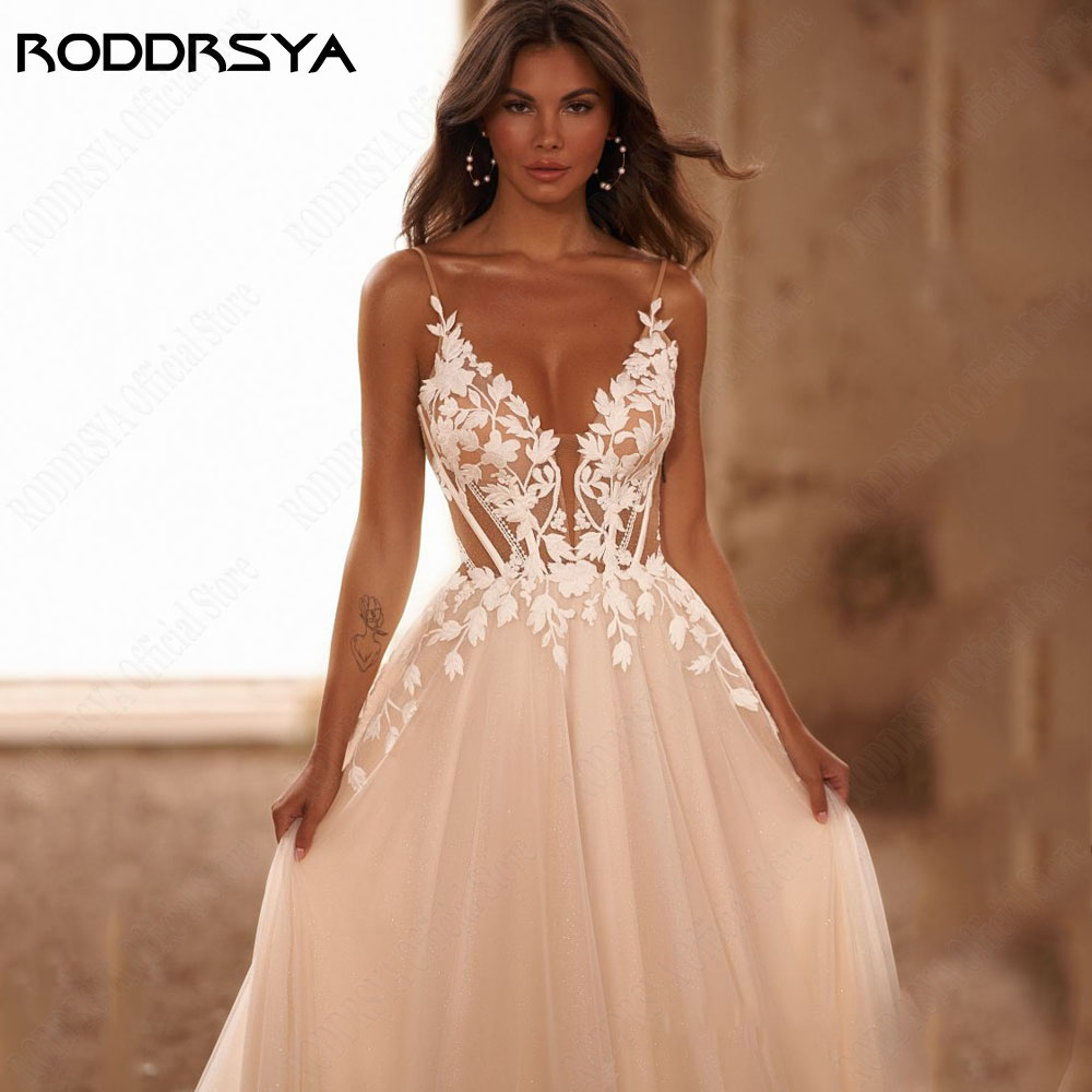 RODDRSYA Itália de ombros finos com um vestido de casamento brilhante V colarinho com um adesivo a um vestido de noiva boêmio brilhante Vestidos De laranja barreira de neve trem vendido gratuitamente personalizado