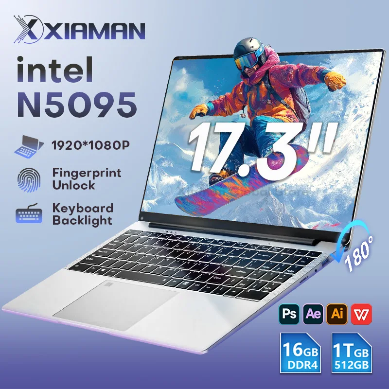 17,3 "ordenador portátil para juegos PC Windows 11 Pro Intel Celeron N5095 portátiles teclado retroiluminado 16GB DDR4 1TB SSD Notebook PC Gamer
