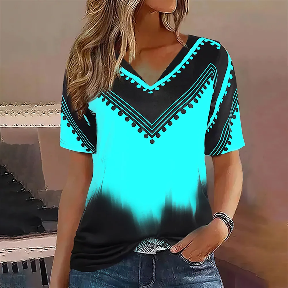 แฟชั่นผู้หญิง T เสื้อลายพิมพ์ Gradient V คอสั้นแขนเสื้อ Basic Tops Streetwear ฤดูร้อนขนาดใหญ่เสื้อผ้าหญิงเสื้อยืด