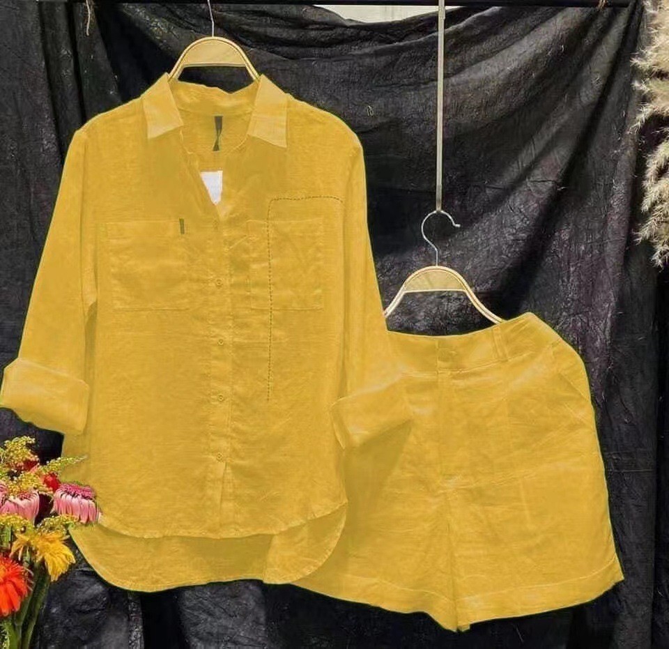 Conjunto de 2 piezas blanco a la moda para mujer, camisa de manga larga y pantalones cortos, traje de dos piezas para mujer, conjuntos informales holgados para el hogar para verano 2024