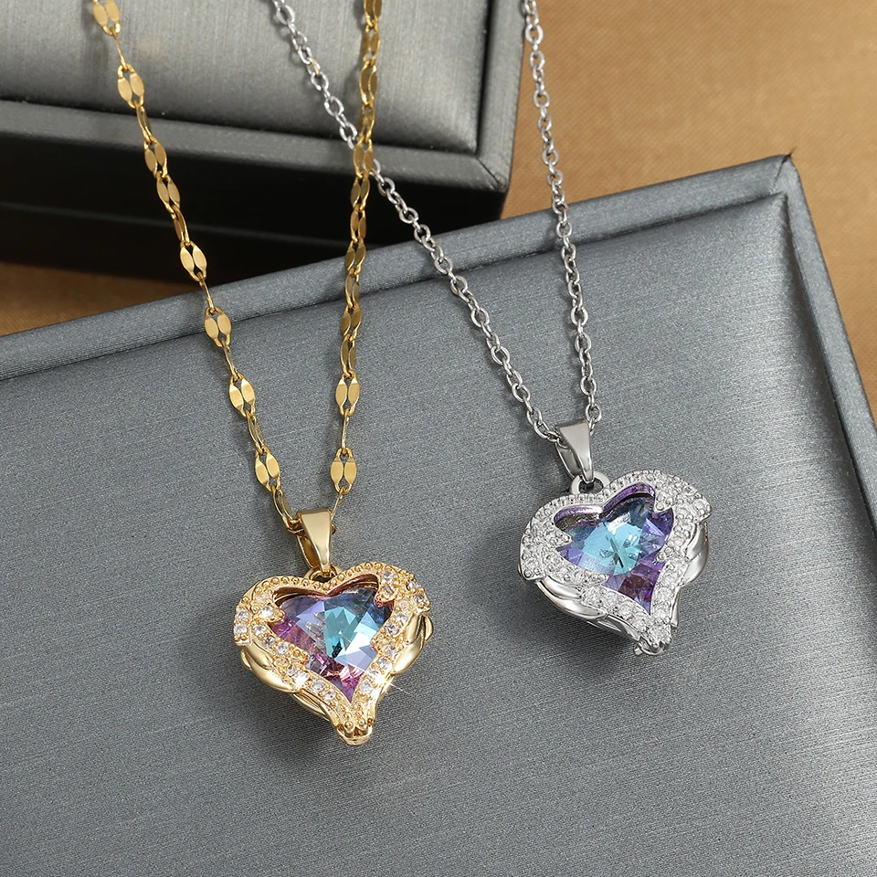 ZAKOL splendida collana con ciondolo a forma di cuore d'amore con zirconi colorati per le donne regalo di gioielli con catena al collo in acciaio inossidabile di moda
