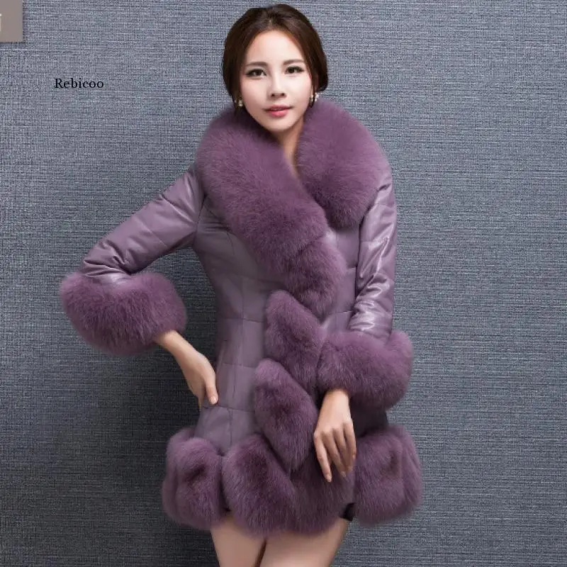 Hohe Qualität Jacke Faux Fuchs Pelz Kragen Schaffell Leder Jacke Frauen Rock Mantel 90% Weiße Gans Unten Frauen Jacke Winter