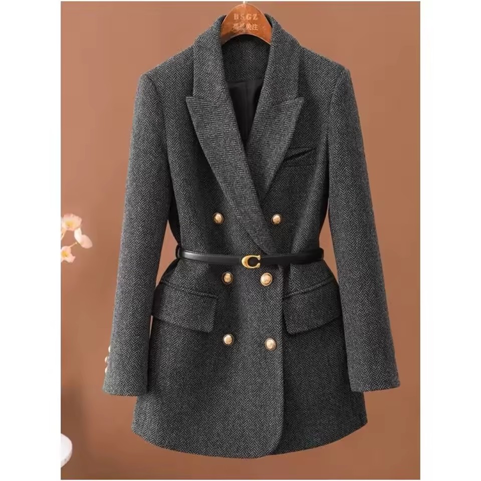 Marrom com cinto uma jaqueta de lã vintage para mulheres outono e inverno 2025 novo popular sazonal temperamento verde superior blazer feminino