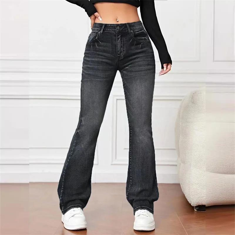 ผู้หญิงใหม่ Casual Micro Flares กางเกงยีนส์วินเทจกลางเอวปุ่ม Splice DENIM กางเกงสํานักงานหญิง COMMUTER กางเกงแนวโน้ม Streetwear