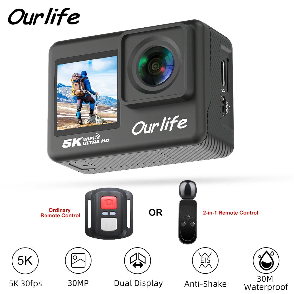 Ourlife 5K 4K60FPS Action Camera IPS Touch LCD EIS 170° DVR 30M Waterproof 5X Zoom Sport Camera With Wireless Mic&Remote Control