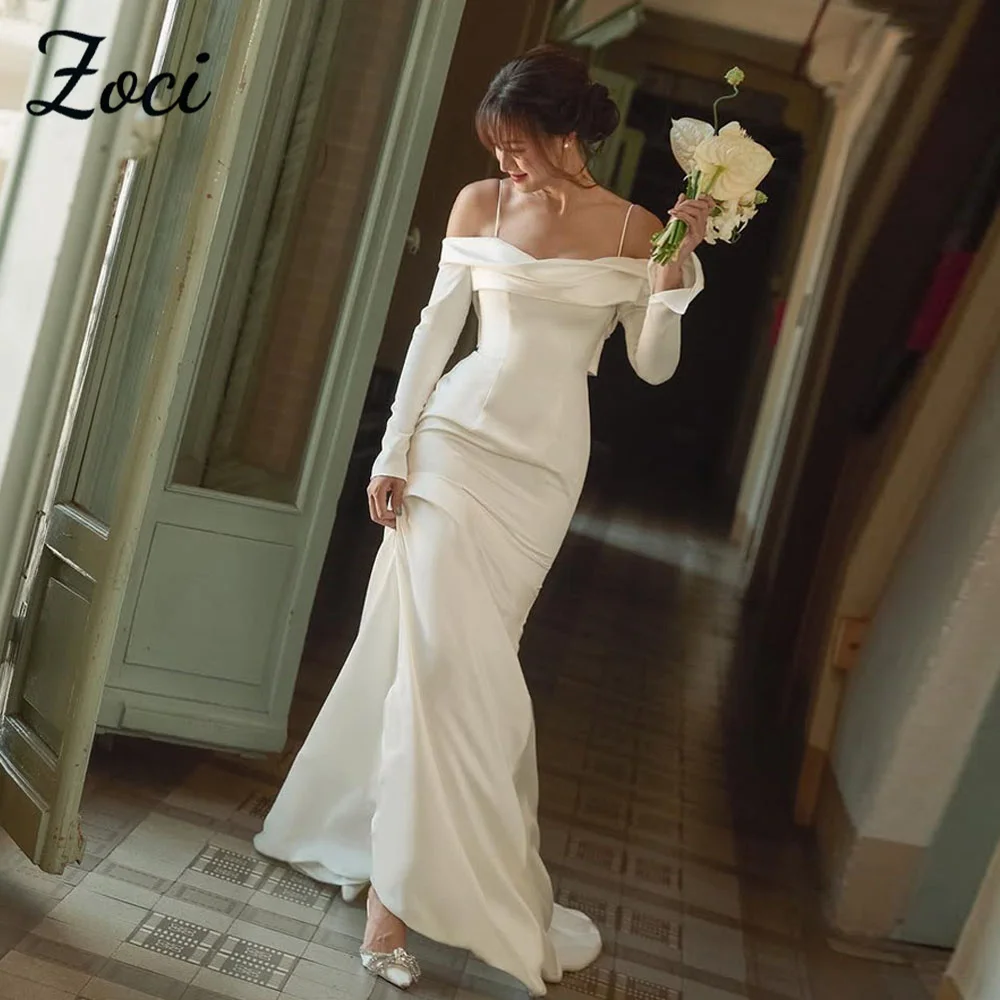 Zoci Abiti da sposa eleganti con spalle scoperte Mermiad Cinghie per spaghetti Foto di matrimonio Abito da sposa Abito da sposa personalizzato a maniche lunghe