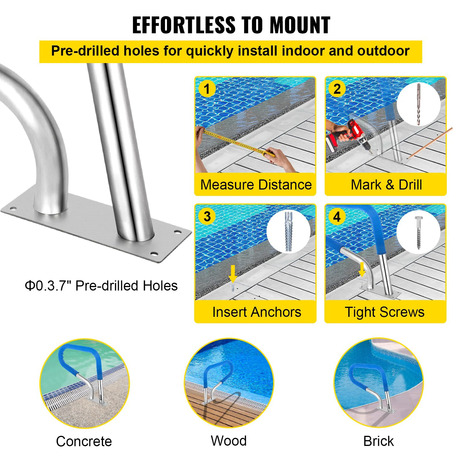 Pool Rail 32x23 Pool Railing 304 Stainless Steel 250LBS Load Capacity Silver Rustproof Pool Handrail Swimming Pool Handrail