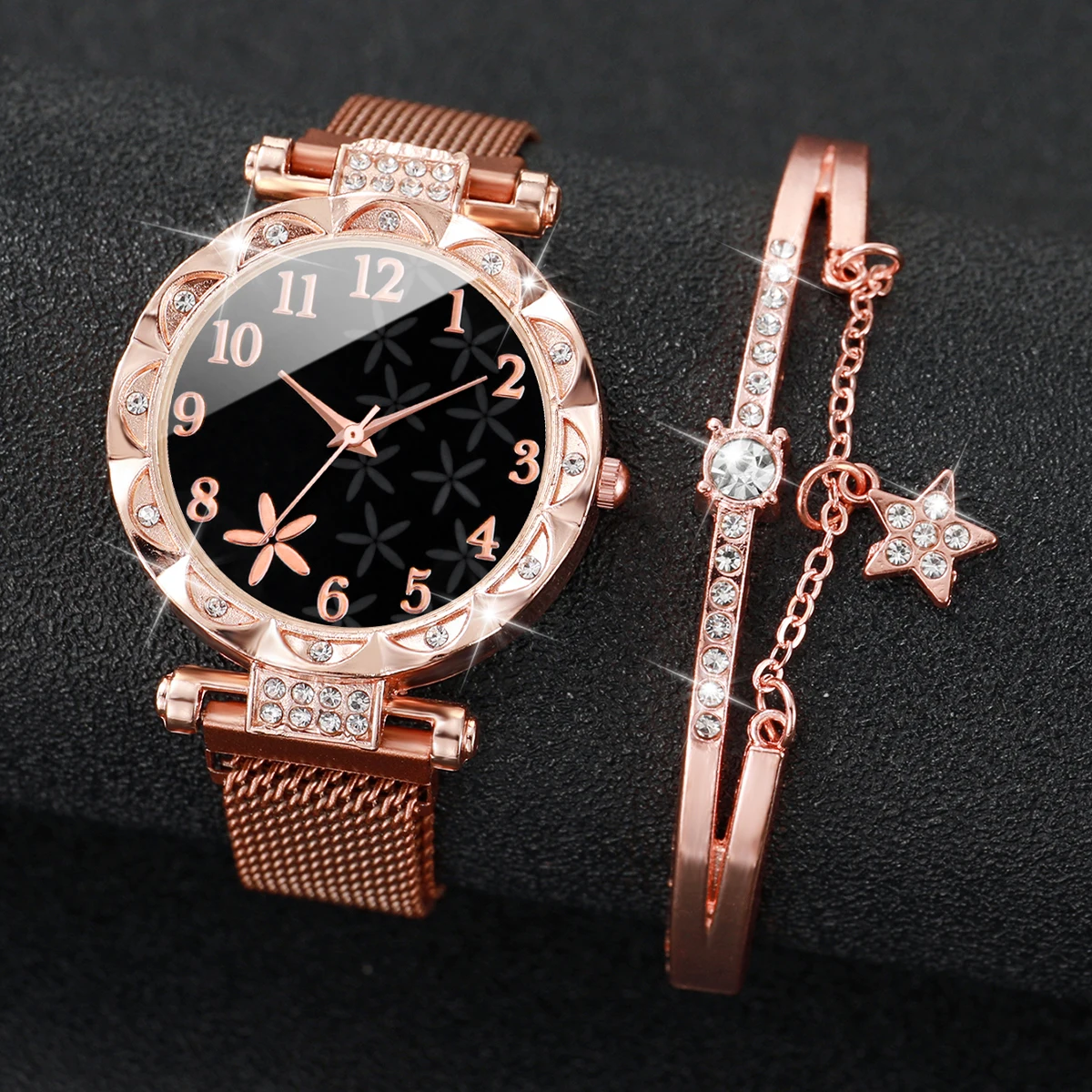2 pçs/set moda flor dial relógio feminino ímã fivela malha banda relógios de quartzo estrela pulseira conjunto (sem caixa)