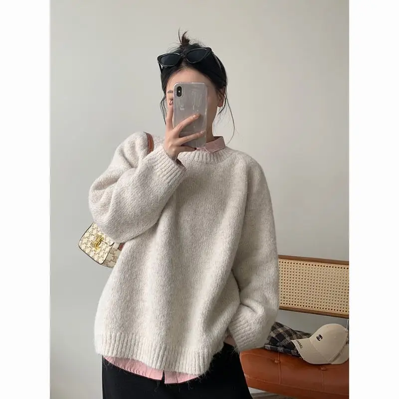 Suéter F Azul Leve Estilo Coreano Casual Ajuste Solto para Meninas, Roupa Externa para Primavera e Outono, Gola Redond...