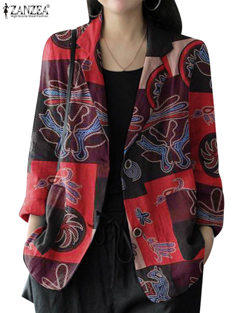 ファッション秋コート ZANZEA 女性カジュアル長袖プリント生き抜く薄いブレザー春夏綿シャツエレガントなワークブラウス