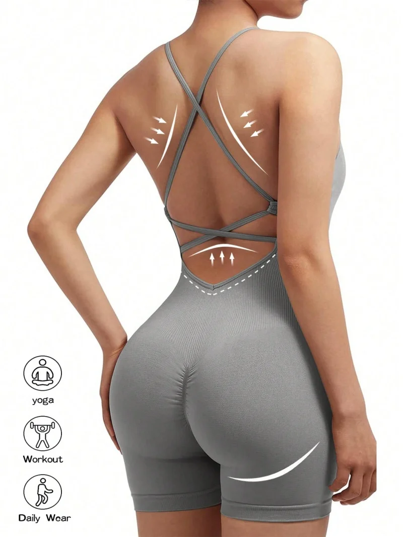 เซ็กซี่ฟิตเนสJumpsuitผู้หญิงข้ามปรับกีฬาPlaysuitวิ่งOne PieceชุดโยคะScrunchกางเกงขาสั้นBacklessชุดRomper