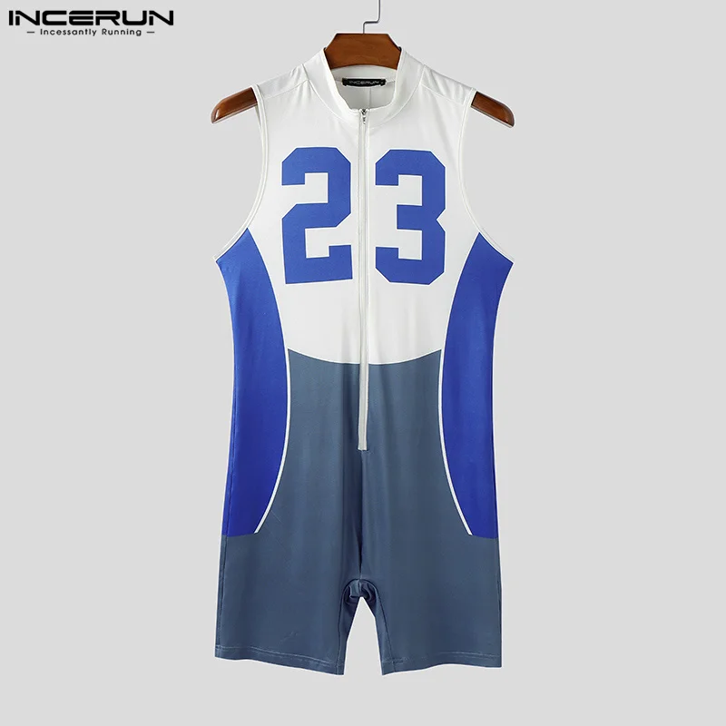 Männer Strampler Bodys Drucken Patchwork Zipper Ärmellose Männliche Overalls Dünne 2025, Sommer Farbe-block Playsuits Workout INCERUN