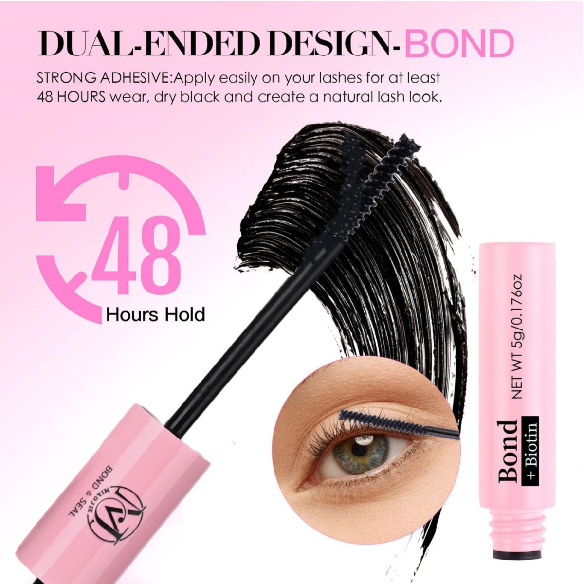 MIAOJIE Eyelash Glue and Seal for Eyelash Clusters Strong Fixed Eyelash Glue Lasting 48H 2 in 1(5ml Black Glue + 5ml Clear Seal)