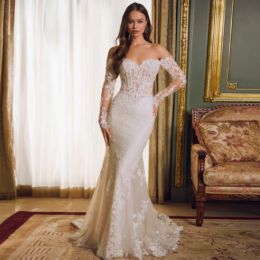 Flavinke ที่กําหนดเองเซ็กซี่ Mermaid Strapless ชุดแต่งงานยาว SHEER แขน Applique เจ้าสาวต่ํากลับ Pearl Vestidos De Novia