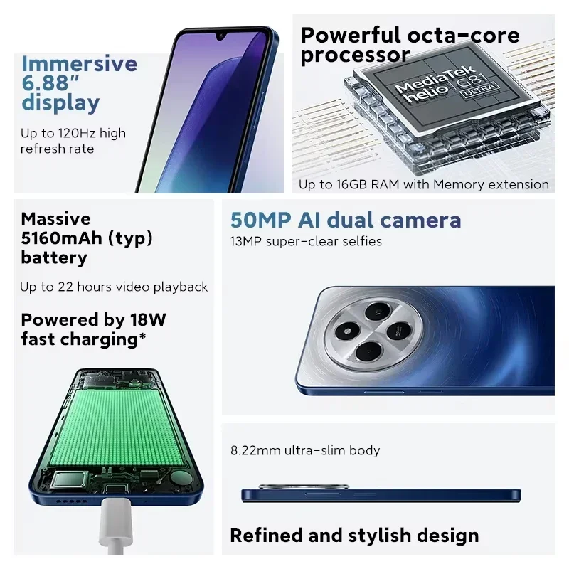 Versión Global Xiaomi Redmi 14C Smartphone MediaTek Helio HyperOS G81-Ultra 50MP AI Cámara Dual Pantalla de 6,88" 120Hz 5160mAh