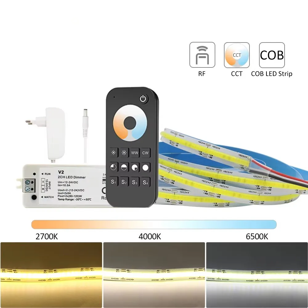 DC 24V CCT COB LED Strip Light Dimmable 608LEDs/m High Brightness RF Remote Kit Double White Flexible Tape Lamp Linear Lighting