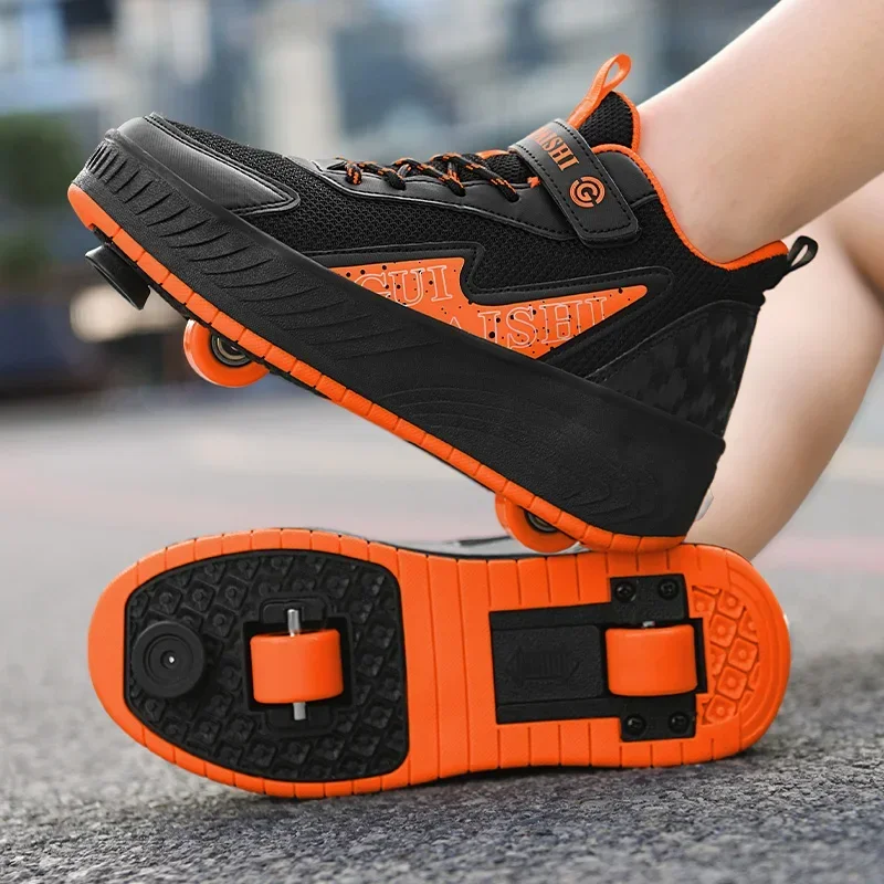 Chaussures de patins à roulettes à double usage à 2 roues pour garçons et filles, chaussures de sport d'extérieur à roulettes avec baskets de vitesse