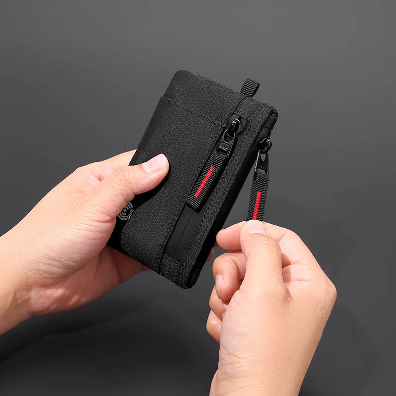 Cartera para hombre, tarjetero Rfid, monedero delgado de nailon, funda para tarjetas con cremallera, monedero táctico masculino con mosquetón
