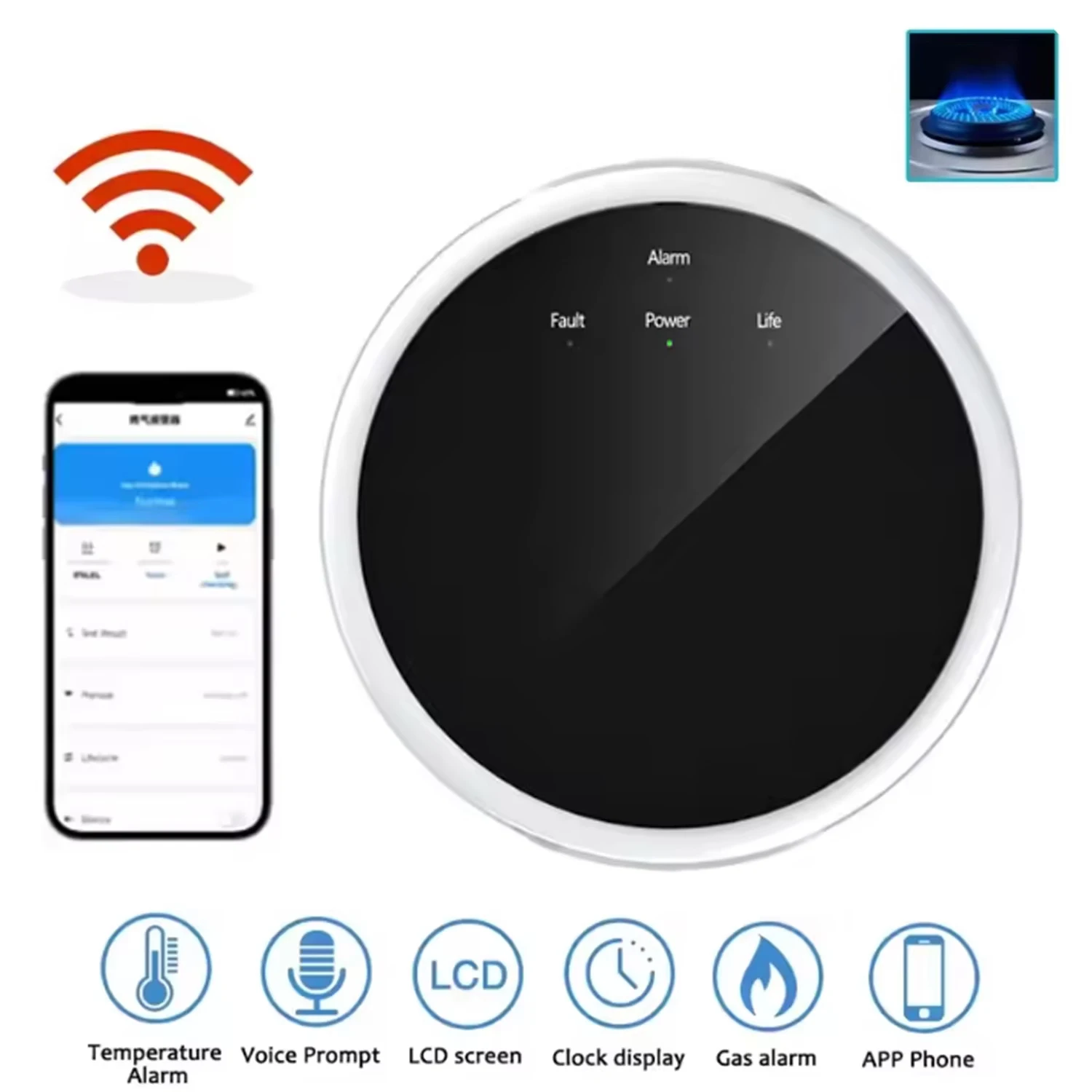 Detector inteligente de vazamento de gás natural, wi-fi, controle por aplicativo, digital, led, alarme de gás combustível, alta sensibilidade, plugue ue