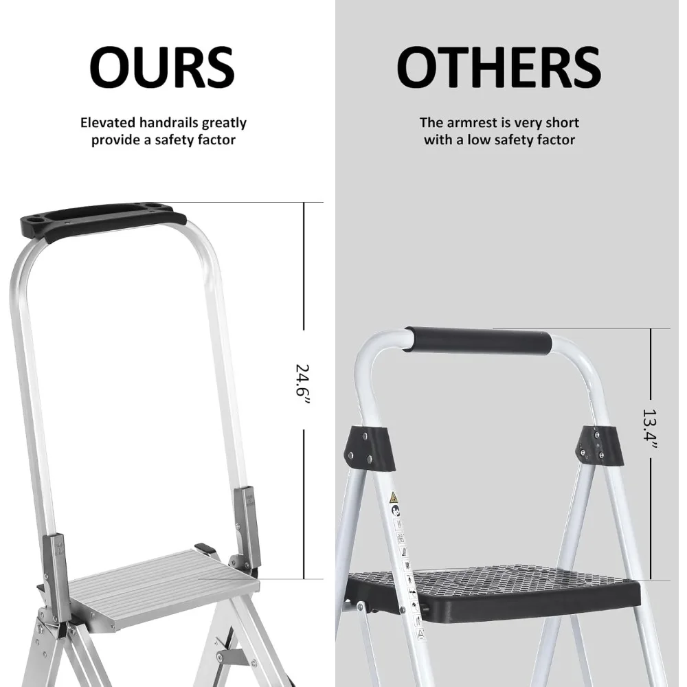 Step Ladder Pro with Tool Platform, Aluminum Folding 3 Step Stool with Non-Slip Wide Pedal, Rubber Feet, Lightweight Multi-