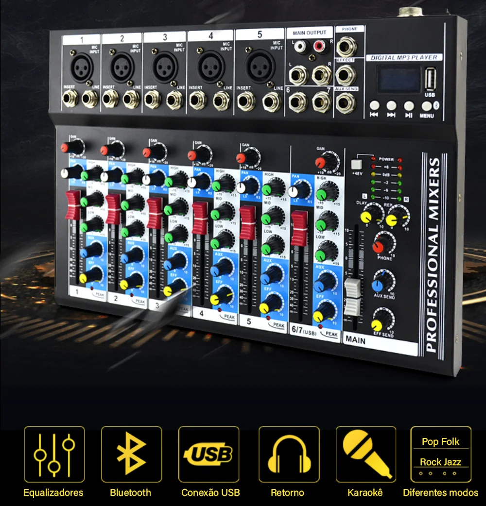 Vedo mixer portátil profissional de 7 canais, console de mixagem de som, reprodução de computador, mini mixer de áudio, transmissão de podcast