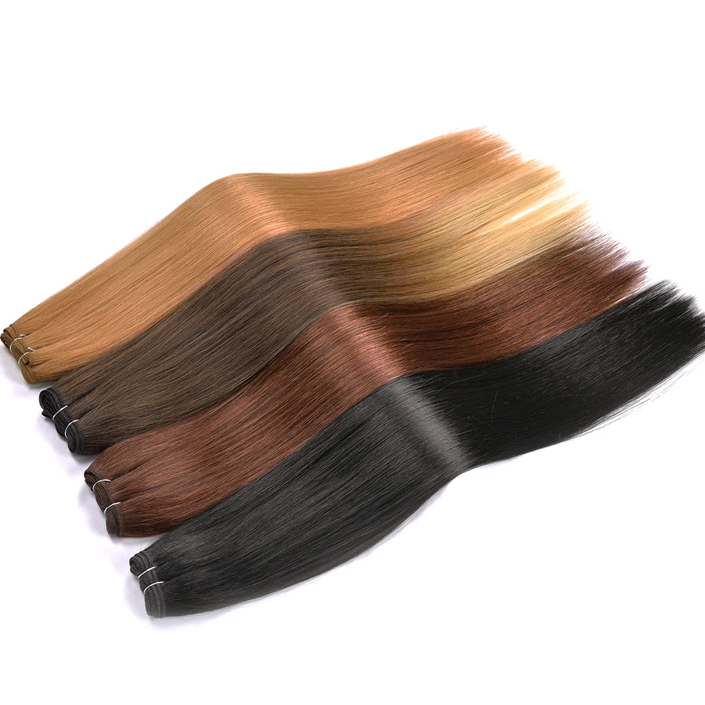 Extensões de cabelo sintético longo e reto, extensões de cabelo liso ombre marrom tecelagem de cabelo reto sintético completo para terminar