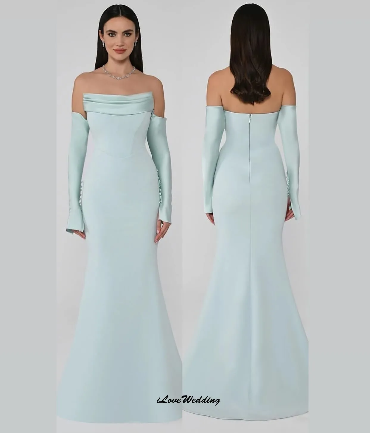 Vestido de dama de honor 2025, vestido de fiesta de boda azul cielo para mujer, invitada, sin tirantes, satén, sirena, espalda abierta, elegante, cuello barco personalizado
