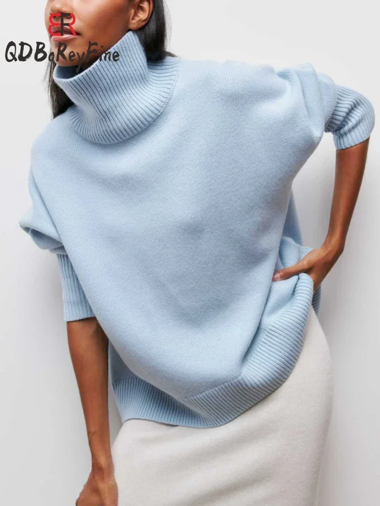 Suéter de cuello alto para mujer, Top de manga larga de gran tamaño, Jersey holgado informal de otoño, jerséis de punto gruesos y cálidos blancos para mujer