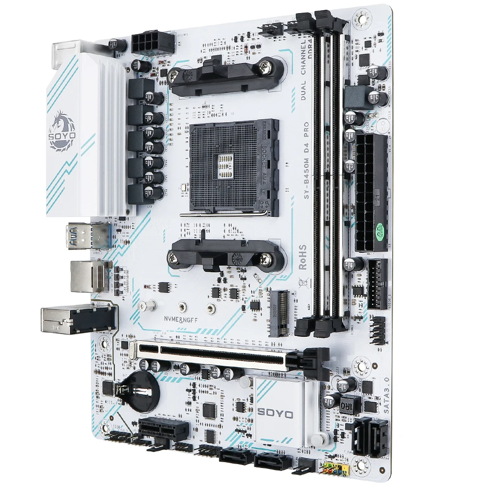 SOYO Neues AMD B450M Motherboard Dual-Channel DDR4 Speicher AM4 Motherboard PCI-E 3.0 NVME (unterstützt Ryzen 1000-5000 5600 5600G CPU)