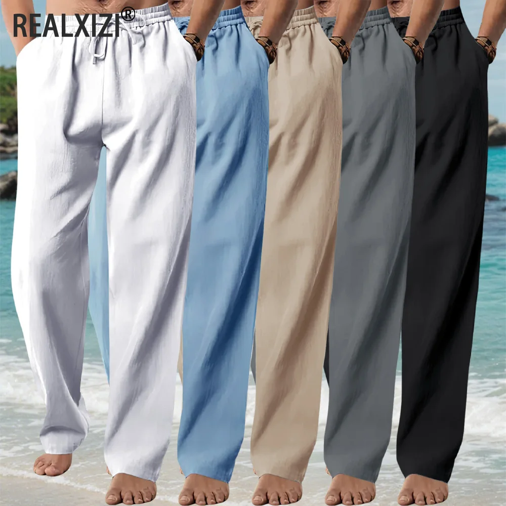 Pantalones largos informales para hombre, pantalones de playa holgados y transpirables de verano, pantalones masculinos con cordón de Color sólido y cintura elástica