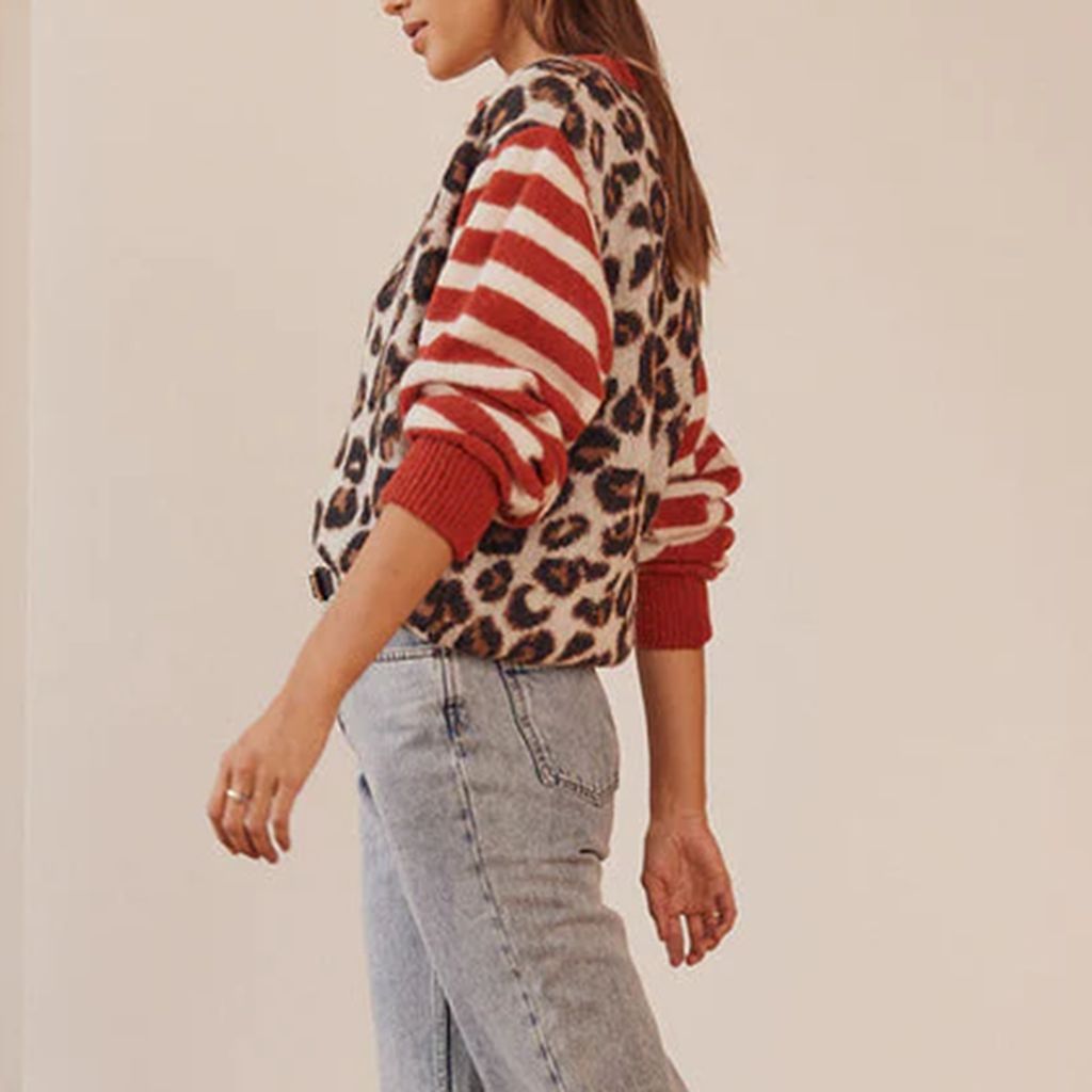 Combhasaki Women's Y2K Vintage Sweaters Aesthetic Striped Leopard Print Patchwork Button-down Round Neck Loose Fit Knitwear Coat