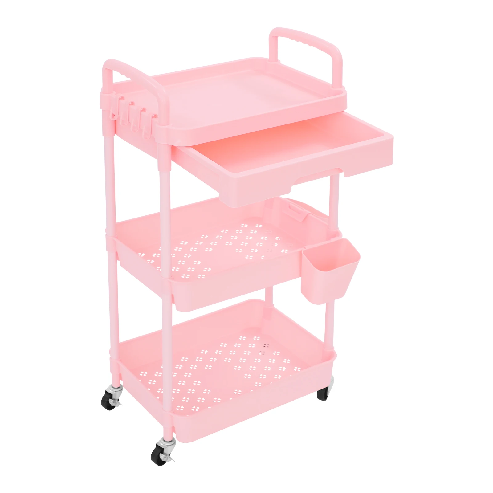 Carrello portaoggetti a 3 livelli con cassetto e rotelle girevoli per cucina, bagno, salone, lavanderia, carrello per snack, organizer mobile rosa