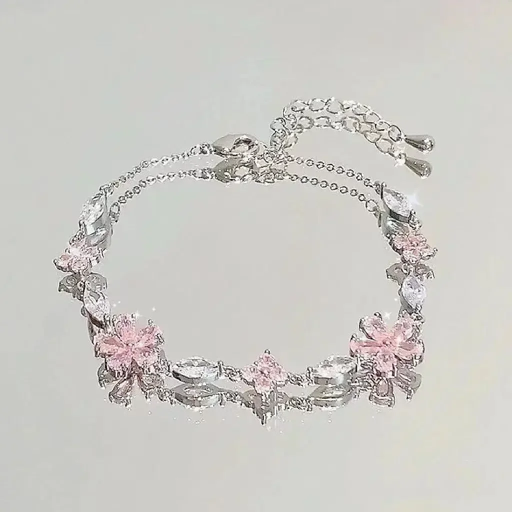 Glänzende rosa Kristall Kirschblüte Armbänder für Frauen Mädchen süße Mond Schleife Blumen Zirkon Armband Party ästhetischen Schmuck