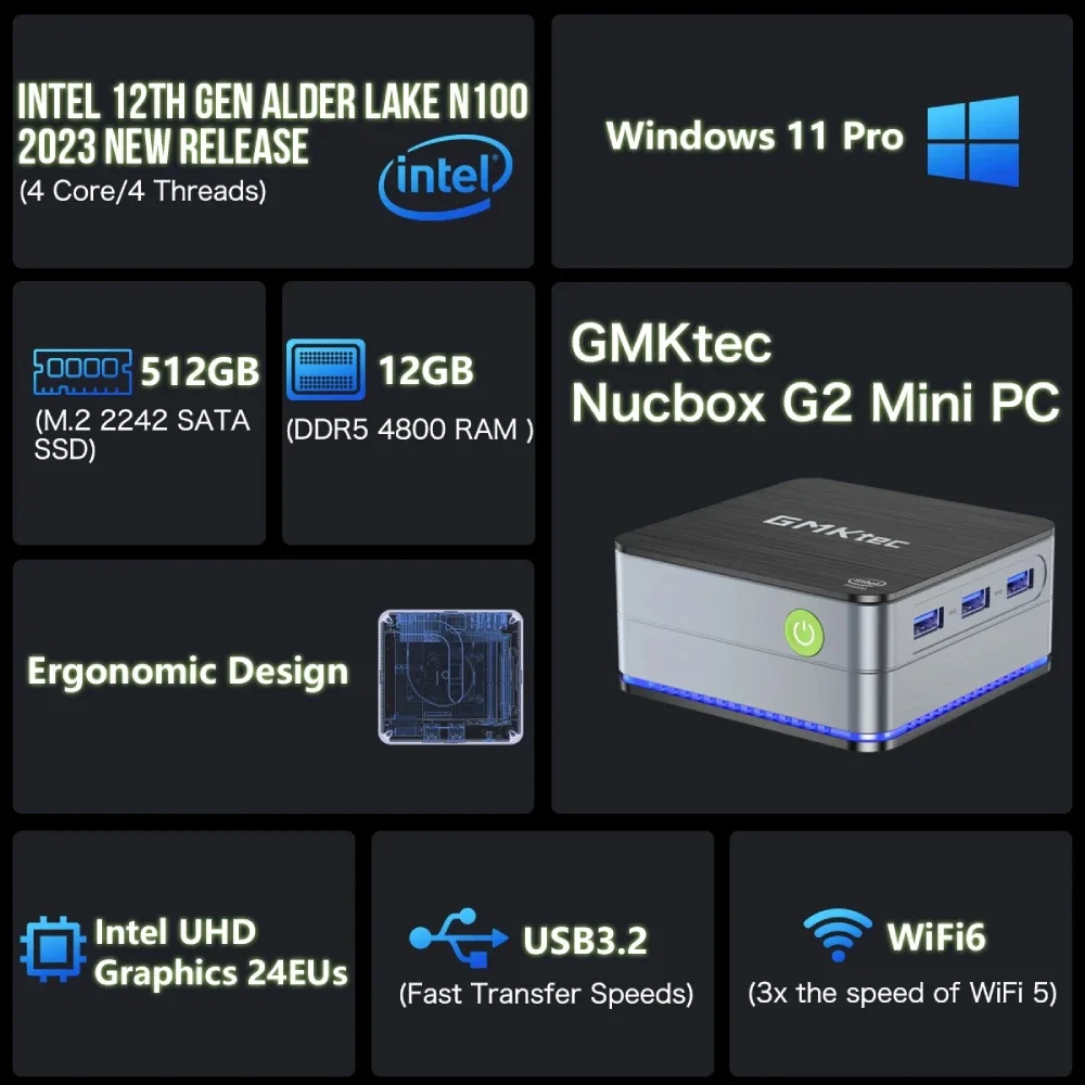 US/EU GMKtec G2 Mini PC Windows 11 Pro Intel 12.a generación Alder Lake N100 Mini PC DDR5 12GB RAM 512GB ROM WiFi 6 BT5.2 Computadora de escritorio
