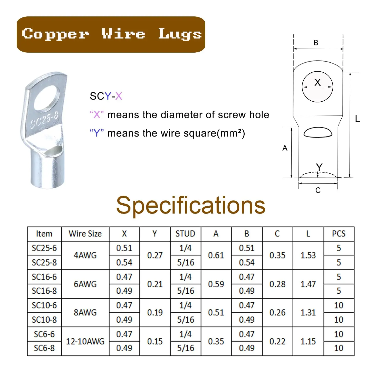 Kit capicorda in filo di rame stagnato da 60 pezzi, connettori terminali batteria Estremità cavi, terminali ad anello utilizzati su cavi AWG10 8 6 4