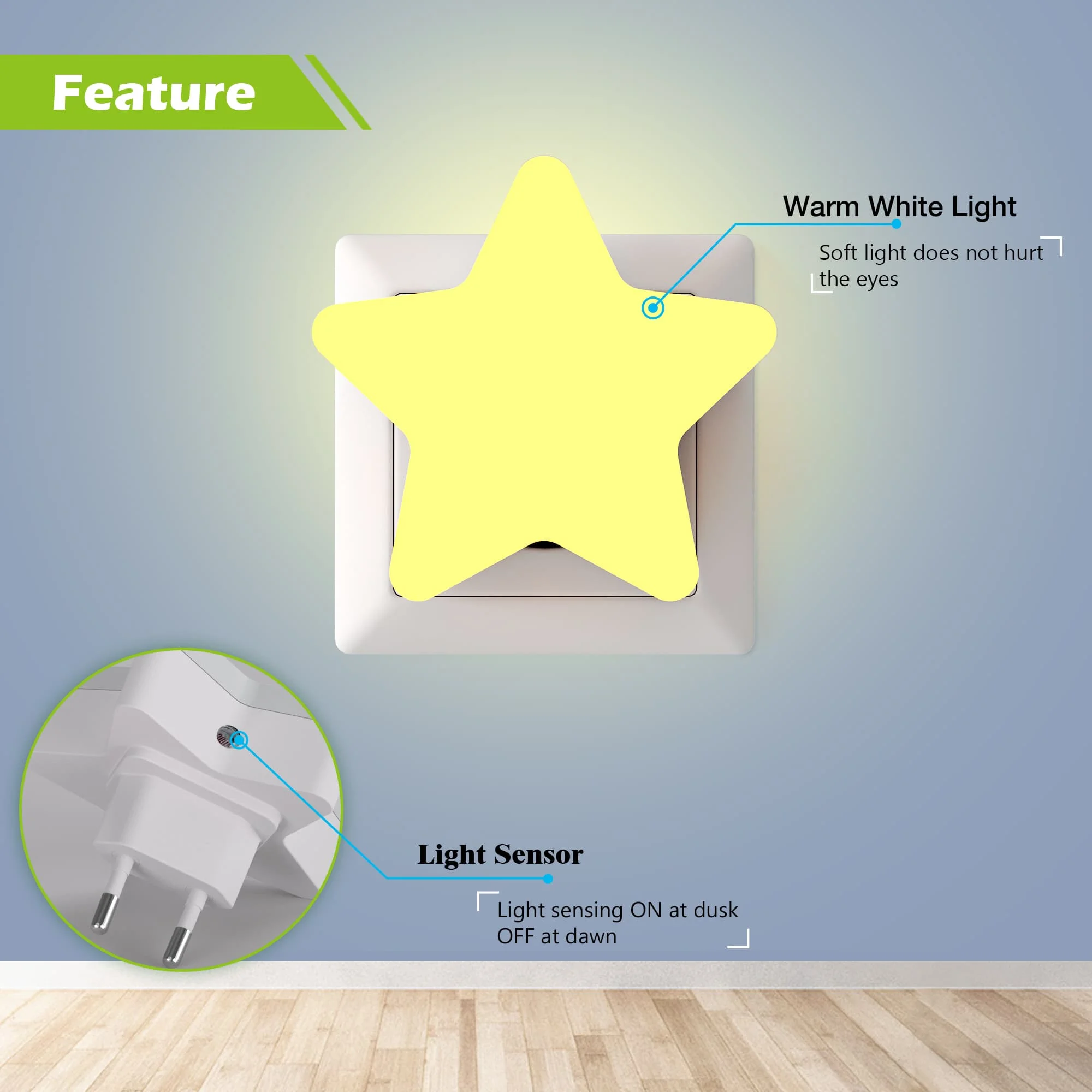Luces nocturnas con forma de estrella, luces LED con Sensor de luz nocturna, enchufe de encendido/apagado automático para niños, dormitorio, escalera, pasillo, lámparas de noche para cabecera de cama