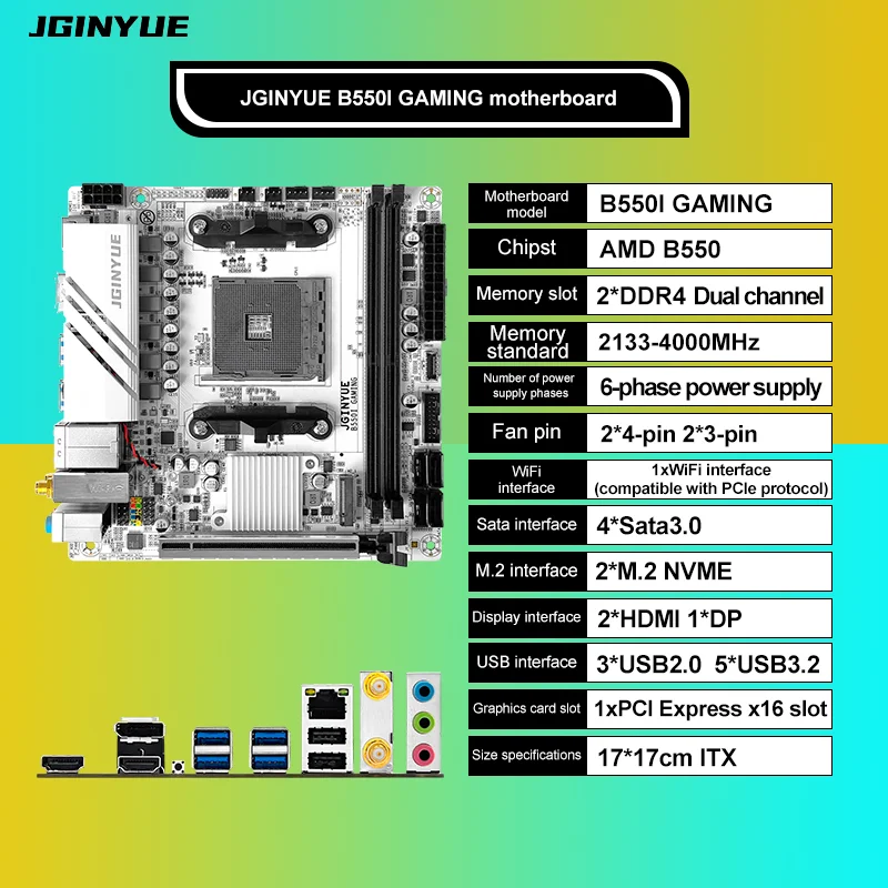 Das JGINYUE AMD B550 AM4 Mini ITX Motherboard unterstützt Ryzen R5 4000/5000 Serie Prozessoren DDR4 RAM PCI-E 4.0 B550i GAMING