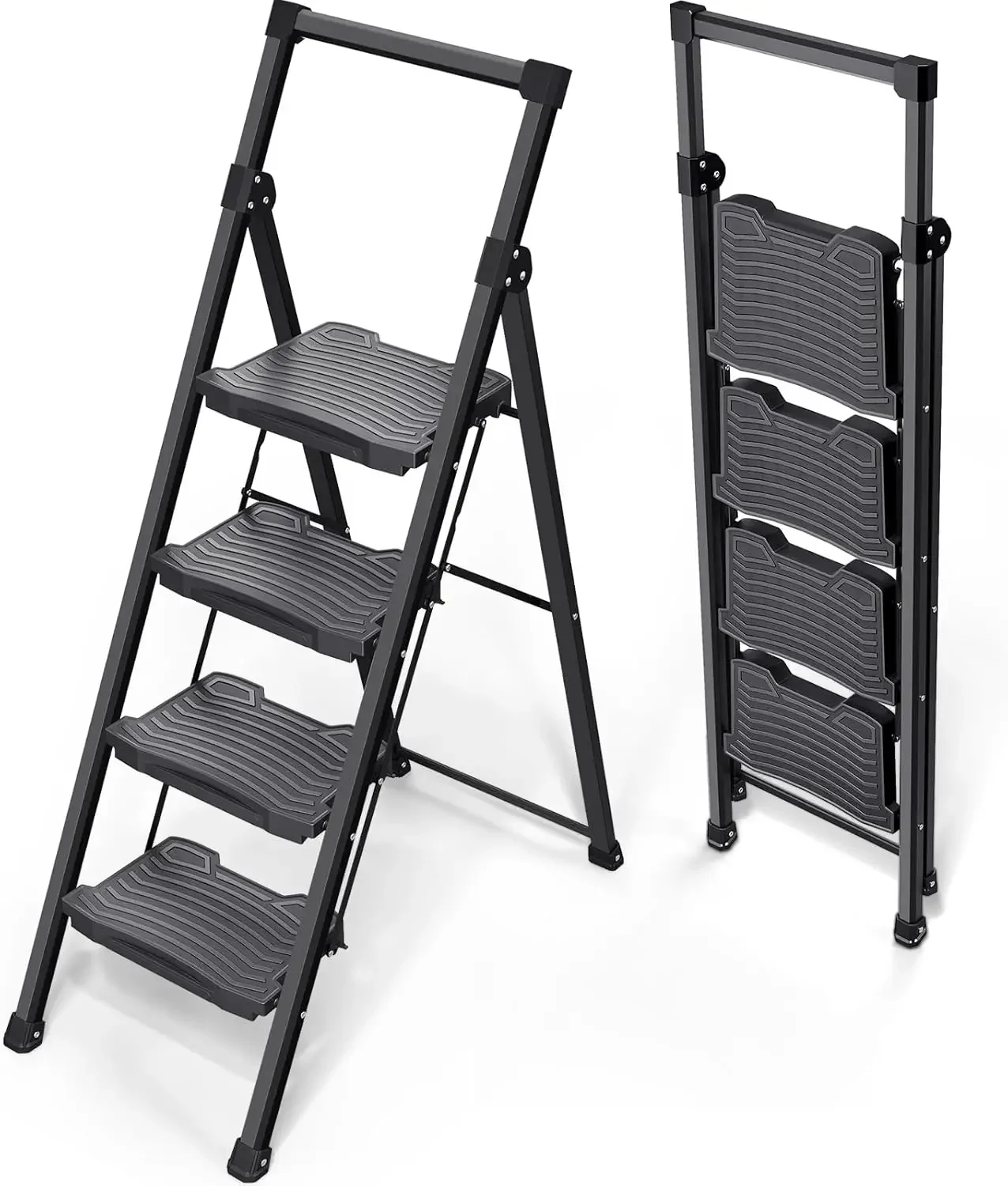 （Livraison gratuite） Escabeau 4 Marches Pliable avec Main Courante, Tabouret Marche Pied avec Large Antidérapante Pédale, Domestique Échelle Léger pour Maison, Cuisine, Garde-Manger, Placards et Bureau, Noir.