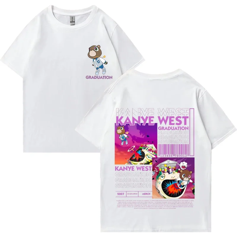 カニエウェスト卒業クマ両面プリント Tシャツ男性女性ファッションヒップホップクールトップス半袖ユニセックスコットン Tシャツ