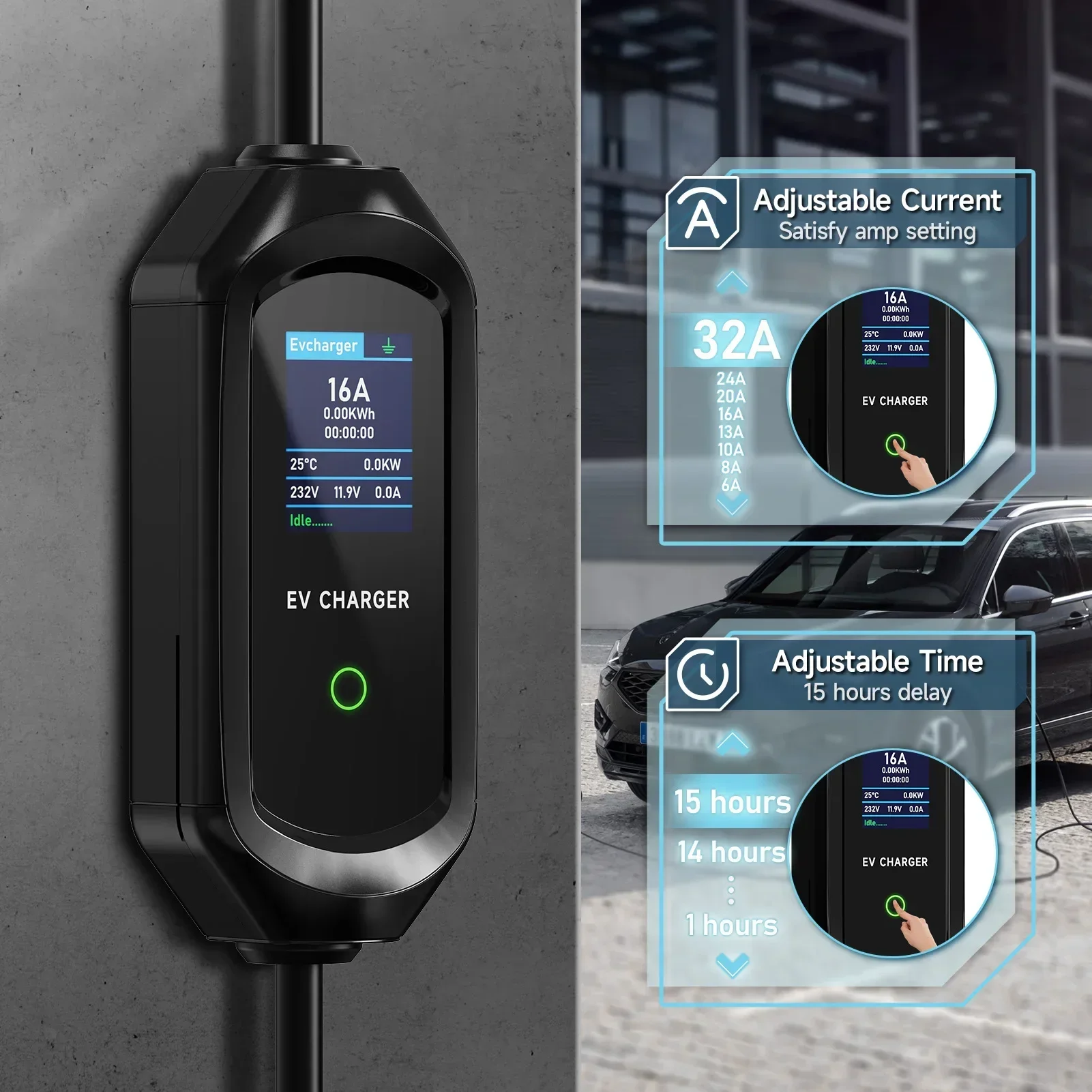Type2 IEC62196-2 cargador EV portátil 7KW 32A Type1 J1772 EVSE Cable de carga rápida GBT 20234 enchufe CEE WiFi aplicación Bluetooth Control