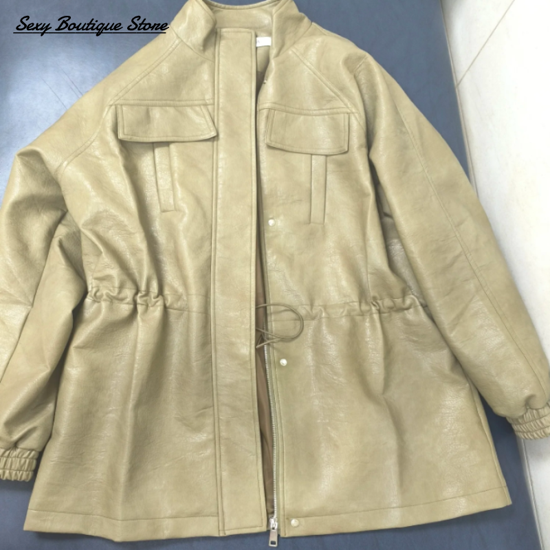 Herbst Winter Pu Leder Jacke Für Frauen Solide Volle Hülse Elastische Verstellbare Taille Mantel 2025, Neue Dame Mode Lässig Outwears