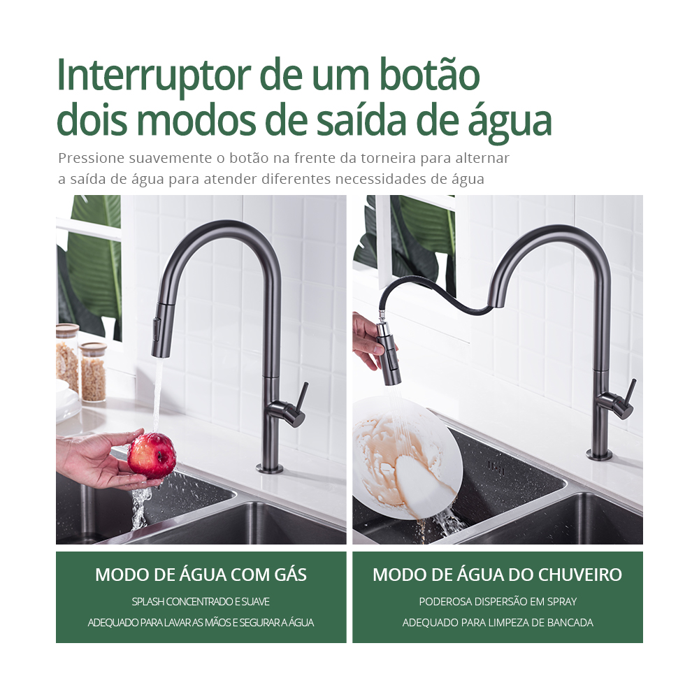 Gunmetal torneira da cozinha 360 graus de rotação torneira da cozinha pull out bico misturador da cozinha único punho água quente e fria pia