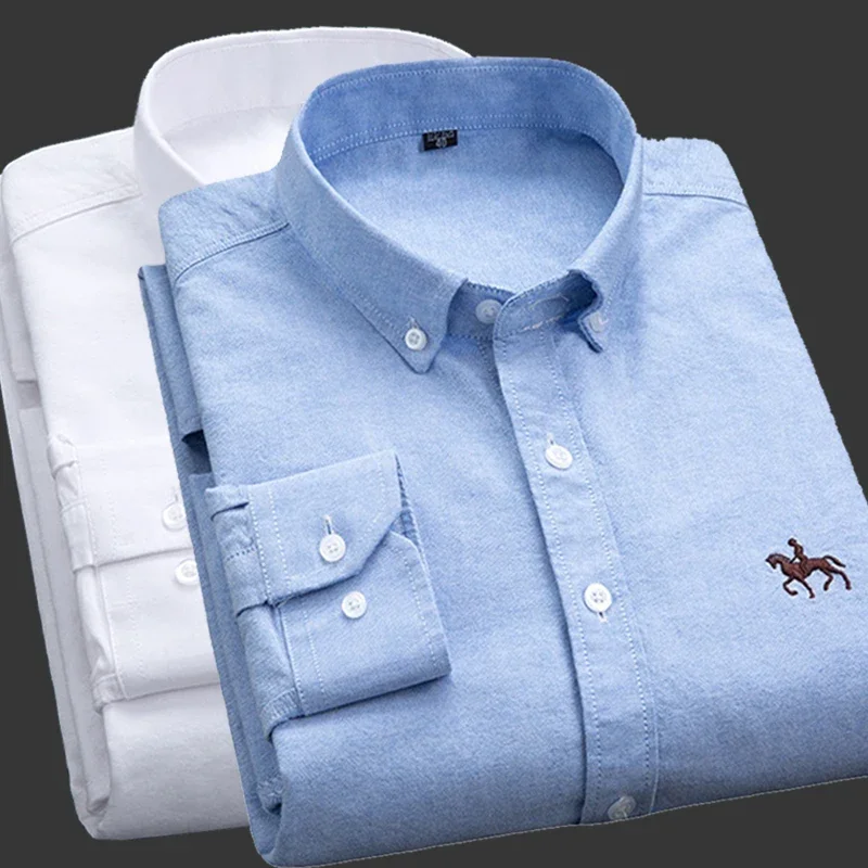 Camicia da uomo casual in cotone slim fit con logo cavallo camicia inferiore in pollici Camicia a righe a maniche lunghe con spinning Oxford
