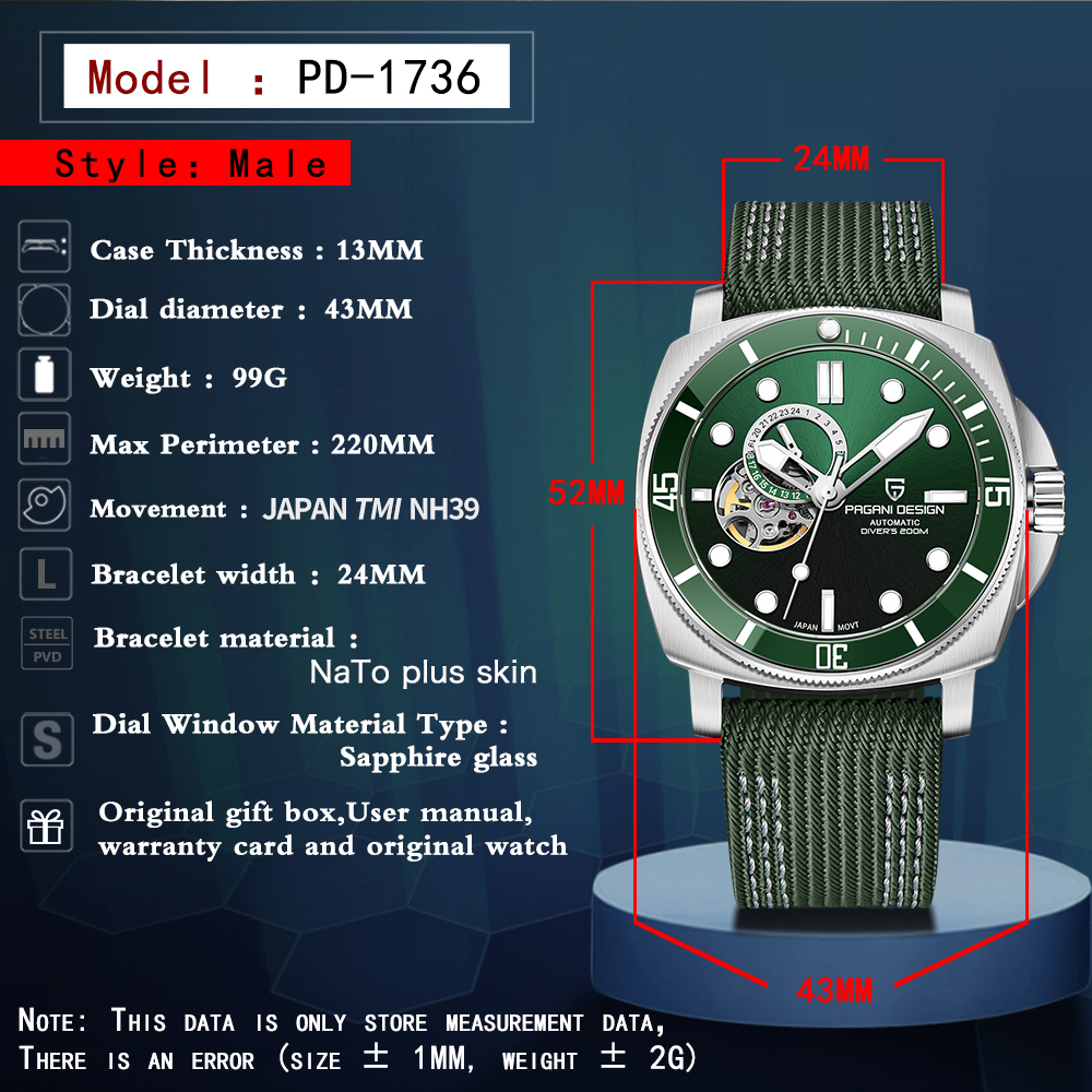 PAGANI DESIGN New 43MM Ceramic Bezel Men Machine Watch 200M Waterproof Sapphire Glass Automatic Watch Japan NH39 Stainless Watch
