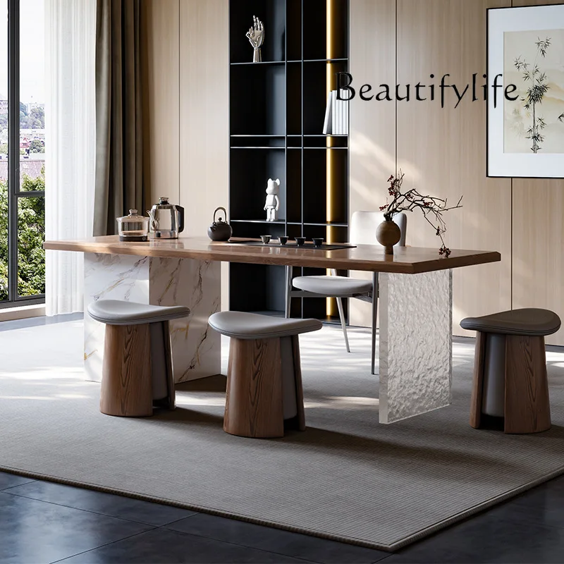 Mesa de chá e cadeiras de madeira maciça estilo japonês, chaleira moderna e simples para sala de estar, mesa de chá integrada