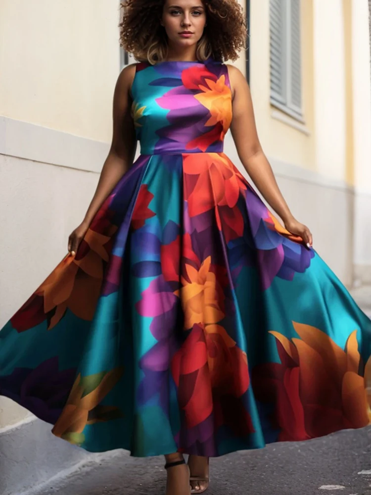 Tankjurk met bloemenprint voor dames Ronde hals Geplooid A-lijn Vintage Casual Elegant Etnisch Mouwloos Zomer Vrouwelijke lange jurk
