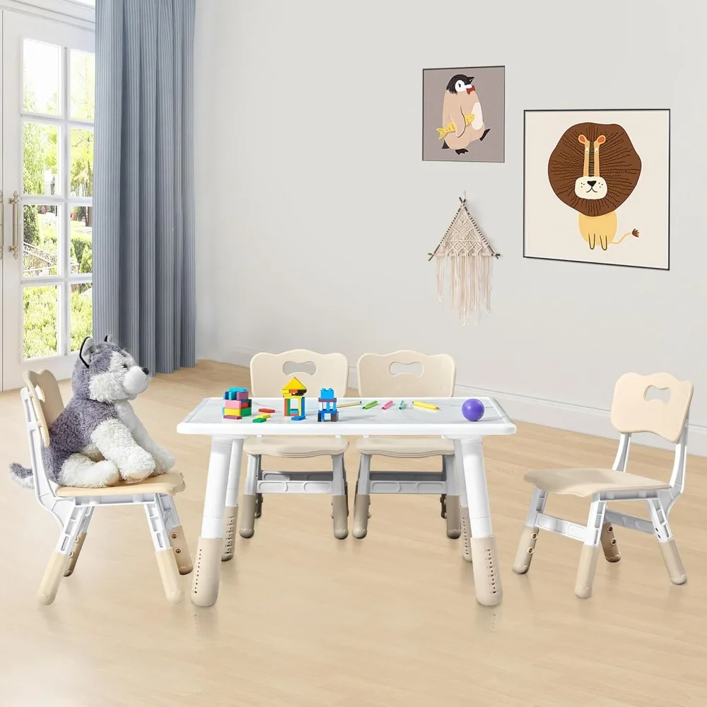 Adjustable Kids Table and 4 Chair Set, Height Adjustable Multi-Activity Play Desk, Marble Graffiti Design, Preschool Montessori